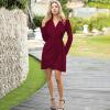 imageEXLURA Womens 2024 Long Sleeve Wrap V Neck Bodycon Formal Work Dress Ruched Cocktail Mini Dress Elegant Teacher DressesBurgundy