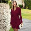 imageEXLURA Womens 2024 Long Sleeve Wrap V Neck Bodycon Formal Work Dress Ruched Cocktail Mini Dress Elegant Teacher DressesBurgundy