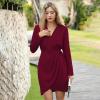 imageEXLURA Womens 2024 Long Sleeve Wrap V Neck Bodycon Formal Work Dress Ruched Cocktail Mini Dress Elegant Teacher DressesBurgundy