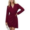 imageEXLURA Womens 2024 Long Sleeve Wrap V Neck Bodycon Formal Work Dress Ruched Cocktail Mini Dress Elegant Teacher DressesBurgundy