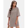 imageEXLURA Womens Summer T Shirt Dress Casual Short Sleeve Loose Striped Mini Dresses 2025 Vacation Beach Sundress PocketsKhaki White