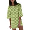 imageEXLURA Womens Summer T Shirt Dress Casual Short Sleeve Loose Striped Mini Dresses 2025 Vacation Beach Sundress PocketsGreen White