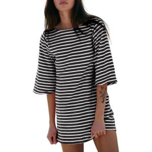 imageEXLURA Womens Summer T Shirt Dress Casual Short Sleeve Loose Striped Mini Dresses 2025 Vacation Beach Sundress PocketsBlack White