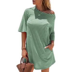 imageEXLURA Womens Summer T Shirt Dress Casual Short Sleeve Loose Striped Mini Dresses 2025 Vacation Beach Sundress PocketsDark Green Apricot