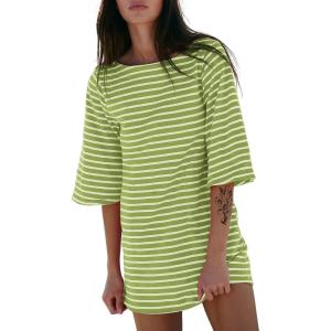 imageEXLURA Womens Summer T Shirt Dress Casual Short Sleeve Loose Striped Mini Dresses 2025 Vacation Beach Sundress PocketsGreen White