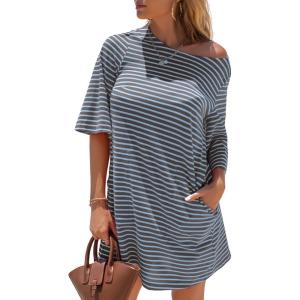 imageEXLURA Womens Summer T Shirt Dress Casual Short Sleeve Loose Striped Mini Dresses 2025 Vacation Beach Sundress PocketsGrey Blue