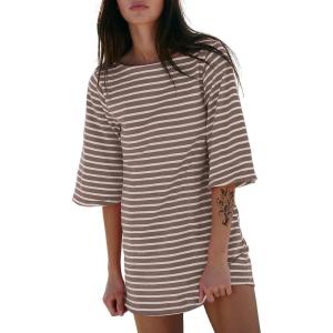 imageEXLURA Womens Summer T Shirt Dress Casual Short Sleeve Loose Striped Mini Dresses 2025 Vacation Beach Sundress PocketsKhaki White