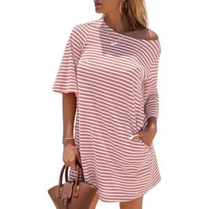 imageEXLURA Womens Summer T Shirt Dress Casual Short Sleeve Loose Striped Mini Dresses 2025 Vacation Beach Sundress PocketsPink White