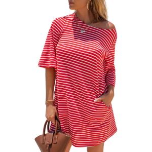 imageEXLURA Womens Summer T Shirt Dress Casual Short Sleeve Loose Striped Mini Dresses 2025 Vacation Beach Sundress PocketsRed White