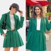 imageEXLURA Womens Business Casual Blazer Suit Sets and Pleated Mini Skirt 2 Piece Outfits Trendy Long Sleeve Y2K Clothes 2025Green