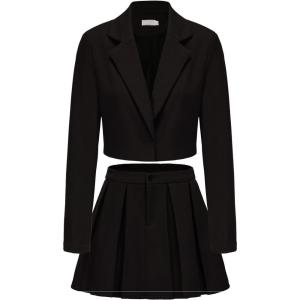 imageEXLURA Womens Business Casual Blazer Suit Sets and Pleated Mini Skirt 2 Piece Outfits Trendy Long Sleeve Y2K Clothes 2025Black