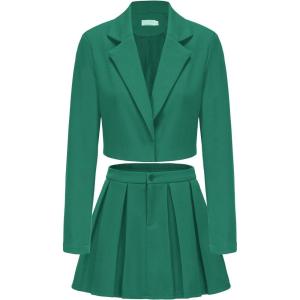 imageEXLURA Womens Business Casual Blazer Suit Sets and Pleated Mini Skirt 2 Piece Outfits Trendy Long Sleeve Y2K Clothes 2025Green