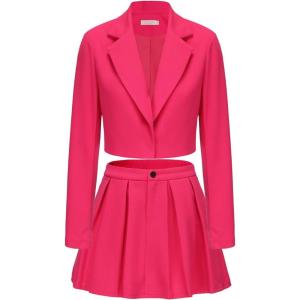imageEXLURA Womens Business Casual Blazer Suit Sets and Pleated Mini Skirt 2 Piece Outfits Trendy Long Sleeve Y2K Clothes 2025Hot Pink
