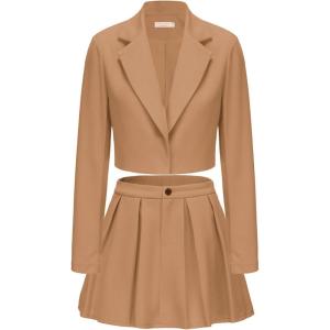 imageEXLURA Womens Business Casual Blazer Suit Sets and Pleated Mini Skirt 2 Piece Outfits Trendy Long Sleeve Y2K Clothes 2025Khaki