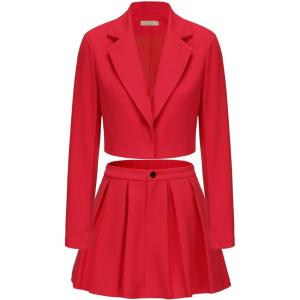 imageEXLURA Womens Business Casual Blazer Suit Sets and Pleated Mini Skirt 2 Piece Outfits Trendy Long Sleeve Y2K Clothes 2025Red