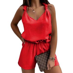 imageEXLURA Womens Summer 2 Piece Sets Sleeveless V Neck Knotted Tank Tops Shorts Matching Sets Vacation Cruise Beach Outfits 2025Red