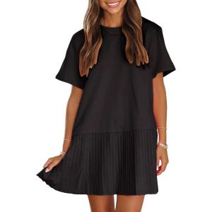 imageEXLURA Womens Summer Casual Short Sleeve Dress Crewneck Tshirt Dresses Pleated Aline Mini Dress 2025 Vacation Beach SundressBlack