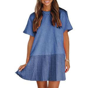 imageEXLURA Womens Summer Casual Short Sleeve Dress Crewneck Tshirt Dresses Pleated Aline Mini Dress 2025 Vacation Beach SundressDark Blue