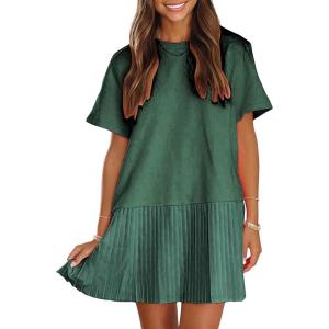 imageEXLURA Womens Summer Casual Short Sleeve Dress Crewneck Tshirt Dresses Pleated Aline Mini Dress 2025 Vacation Beach SundressDark Green