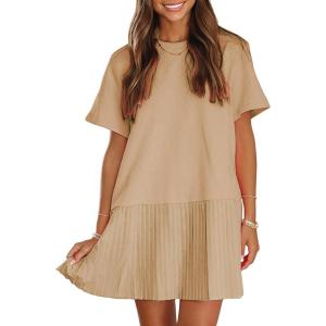 imageEXLURA Womens Summer Casual Short Sleeve Dress Crewneck Tshirt Dresses Pleated Aline Mini Dress 2025 Vacation Beach SundressKhaki