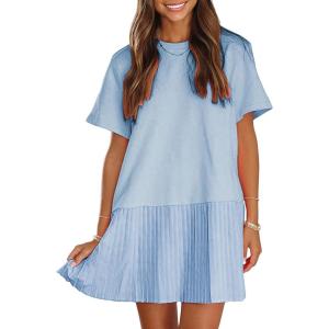 imageEXLURA Womens Summer Casual Short Sleeve Dress Crewneck Tshirt Dresses Pleated Aline Mini Dress 2025 Vacation Beach SundressLight Blue