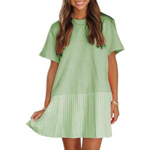imageEXLURA Womens Summer Casual Short Sleeve Dress Crewneck Tshirt Dresses Pleated Aline Mini Dress 2025 Vacation Beach SundressLight Green
