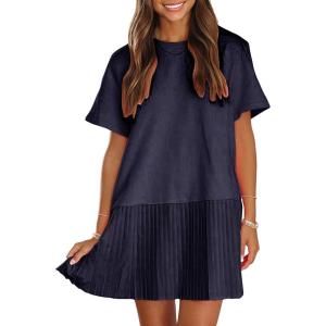 imageEXLURA Womens Summer Casual Short Sleeve Dress Crewneck Tshirt Dresses Pleated Aline Mini Dress 2025 Vacation Beach SundressNavy Blue
