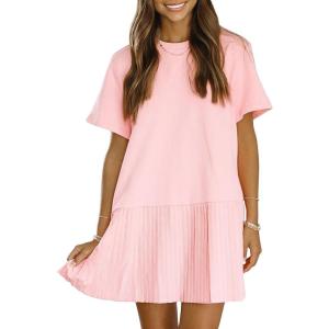 imageEXLURA Womens Summer Casual Short Sleeve Dress Crewneck Tshirt Dresses Pleated Aline Mini Dress 2025 Vacation Beach SundressPink