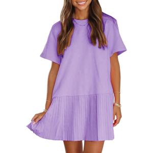 imageEXLURA Womens Summer Casual Short Sleeve Dress Crewneck Tshirt Dresses Pleated Aline Mini Dress 2025 Vacation Beach SundressPurple