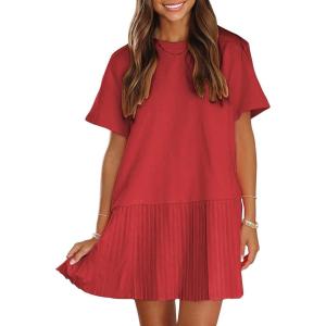 imageEXLURA Womens Summer Casual Short Sleeve Dress Crewneck Tshirt Dresses Pleated Aline Mini Dress 2025 Vacation Beach SundressRed