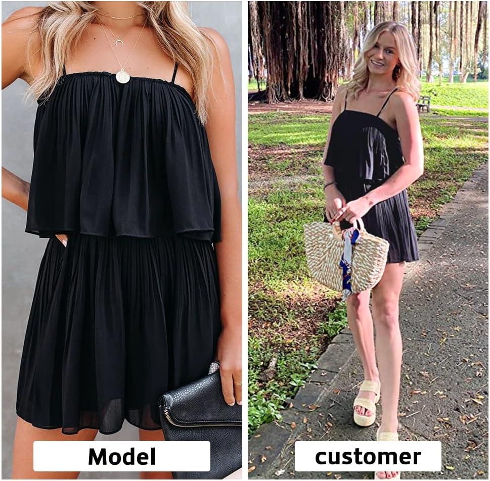imageEXLURA Womens 2025 Summer Romper Dress Spaghetti Strap Pleated Beach Vacation Outfit Fashion Cruise Short Jumpsuit OutfitsBlack