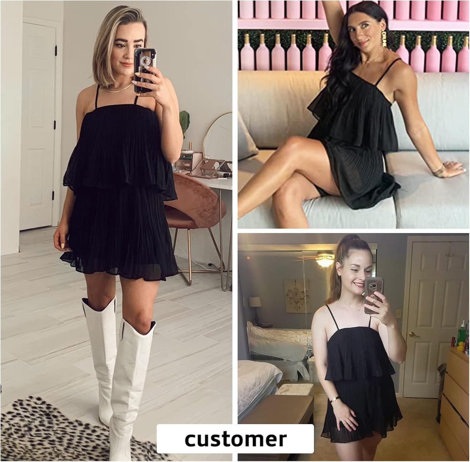 imageEXLURA Womens 2025 Summer Romper Dress Spaghetti Strap Pleated Beach Vacation Outfit Fashion Cruise Short Jumpsuit OutfitsBlack