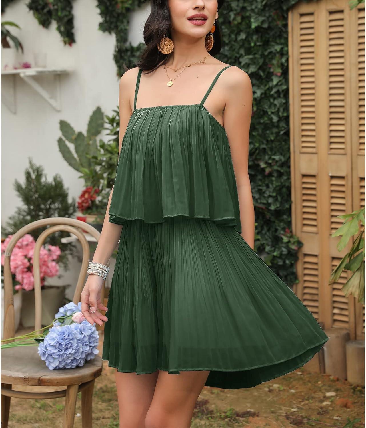 imageEXLURA Womens 2025 Summer Romper Dress Spaghetti Strap Pleated Beach Vacation Outfit Fashion Cruise Short Jumpsuit OutfitsDark Green