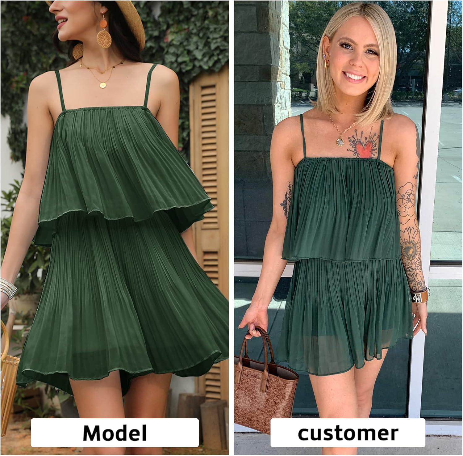 imageEXLURA Womens 2025 Summer Romper Dress Spaghetti Strap Pleated Beach Vacation Outfit Fashion Cruise Short Jumpsuit OutfitsDark Green