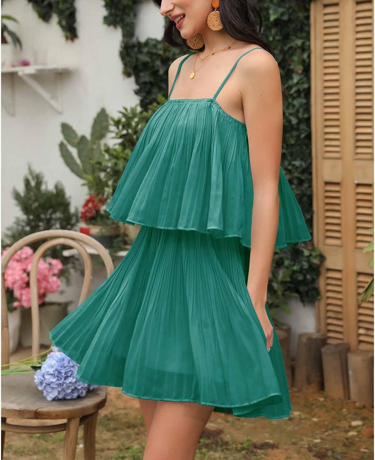 imageEXLURA Womens 2025 Summer Romper Dress Spaghetti Strap Pleated Beach Vacation Outfit Fashion Cruise Short Jumpsuit OutfitsDeep Green
