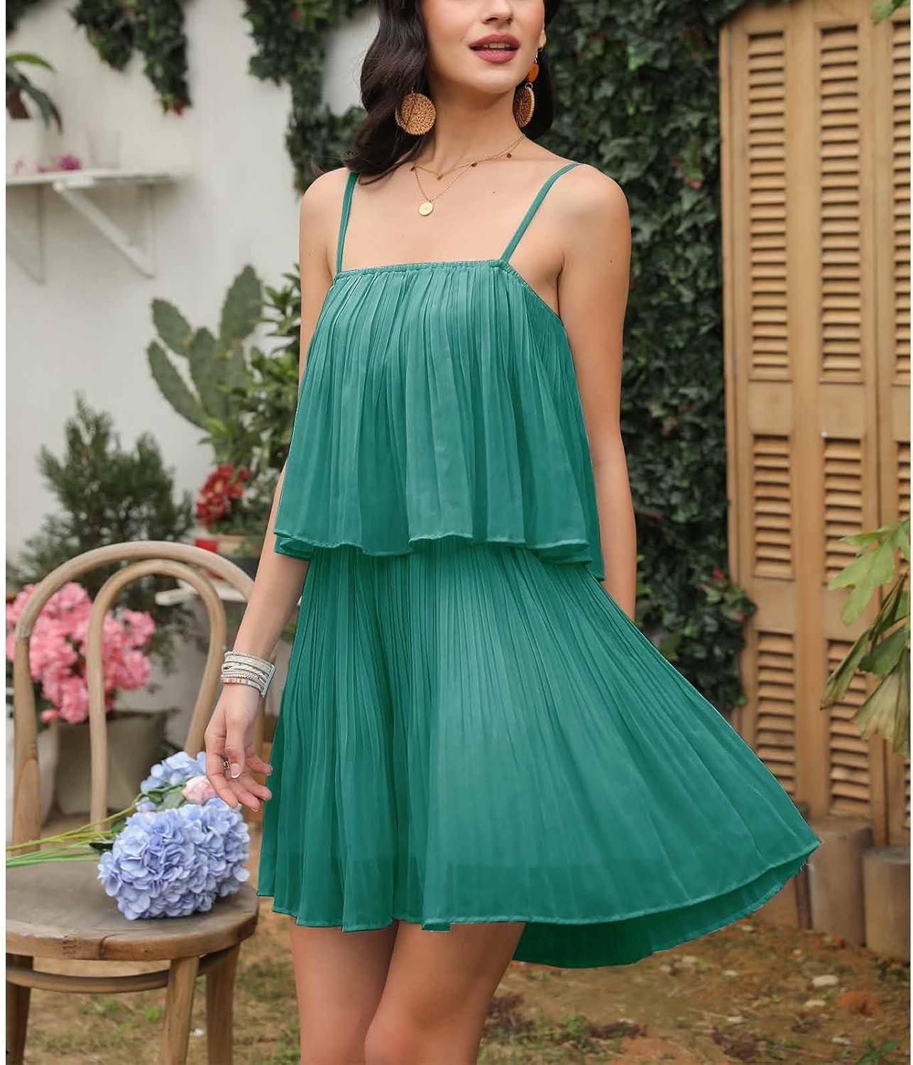 imageEXLURA Womens 2025 Summer Romper Dress Spaghetti Strap Pleated Beach Vacation Outfit Fashion Cruise Short Jumpsuit OutfitsDeep Green