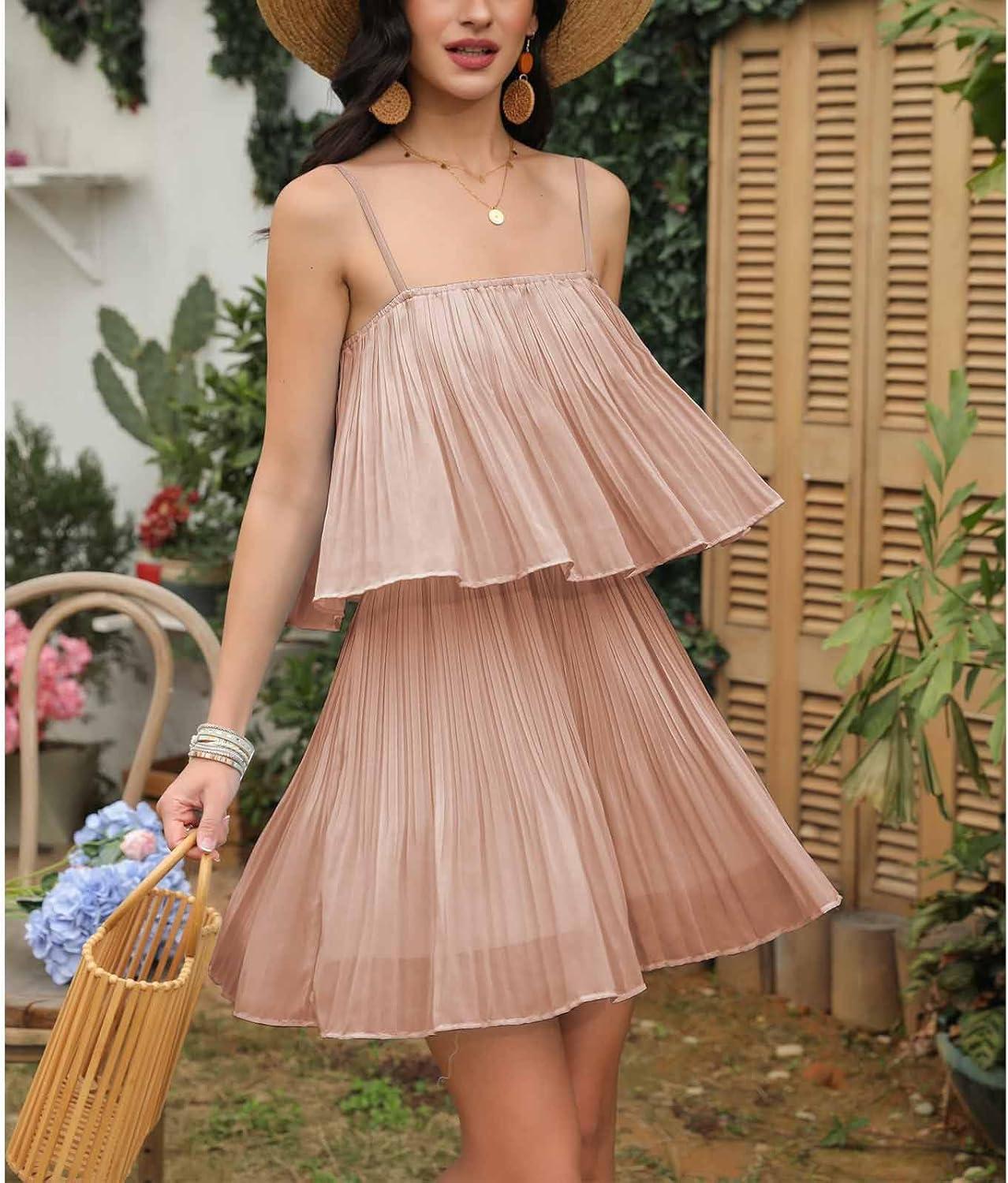imageEXLURA Womens 2025 Summer Romper Dress Spaghetti Strap Pleated Beach Vacation Outfit Fashion Cruise Short Jumpsuit OutfitsDusty Pink