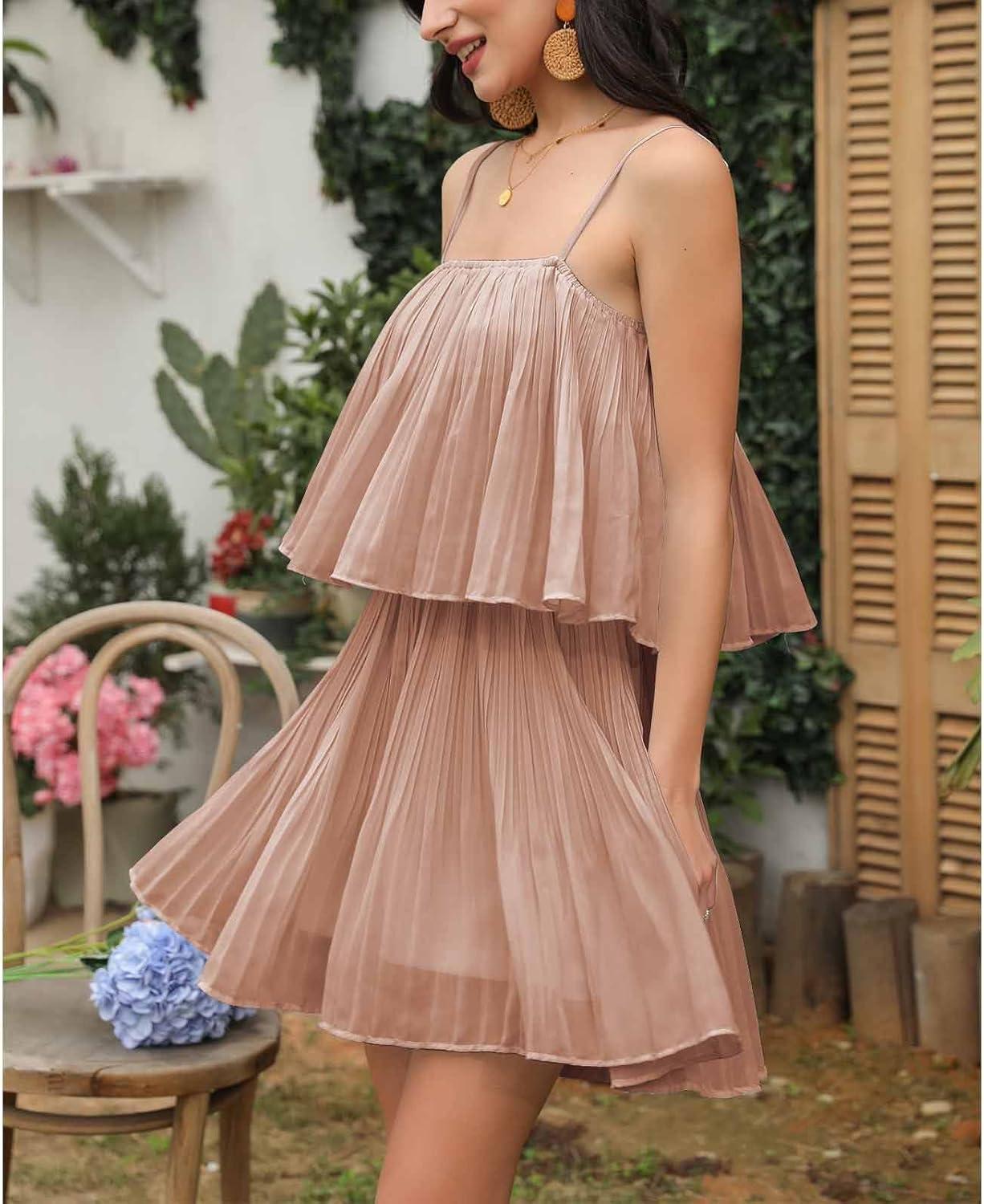 imageEXLURA Womens 2025 Summer Romper Dress Spaghetti Strap Pleated Beach Vacation Outfit Fashion Cruise Short Jumpsuit OutfitsDusty Pink