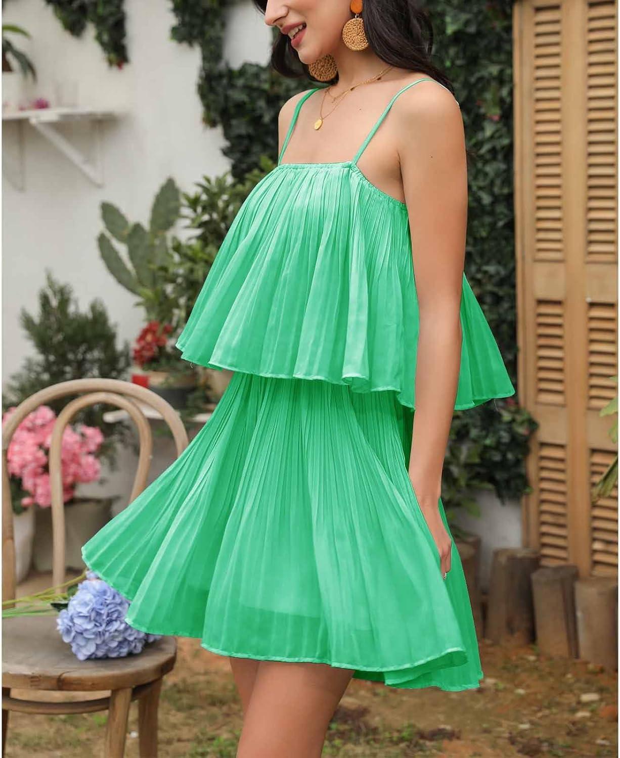 imageEXLURA Womens 2025 Summer Romper Dress Spaghetti Strap Pleated Beach Vacation Outfit Fashion Cruise Short Jumpsuit OutfitsGreen