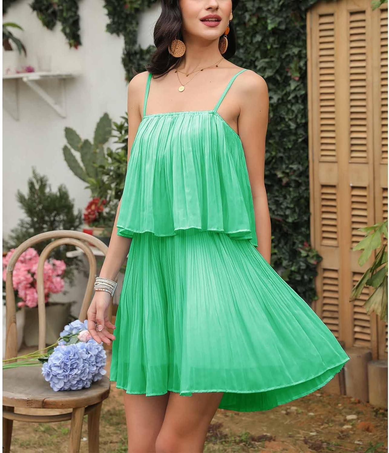 imageEXLURA Womens 2025 Summer Romper Dress Spaghetti Strap Pleated Beach Vacation Outfit Fashion Cruise Short Jumpsuit OutfitsGreen
