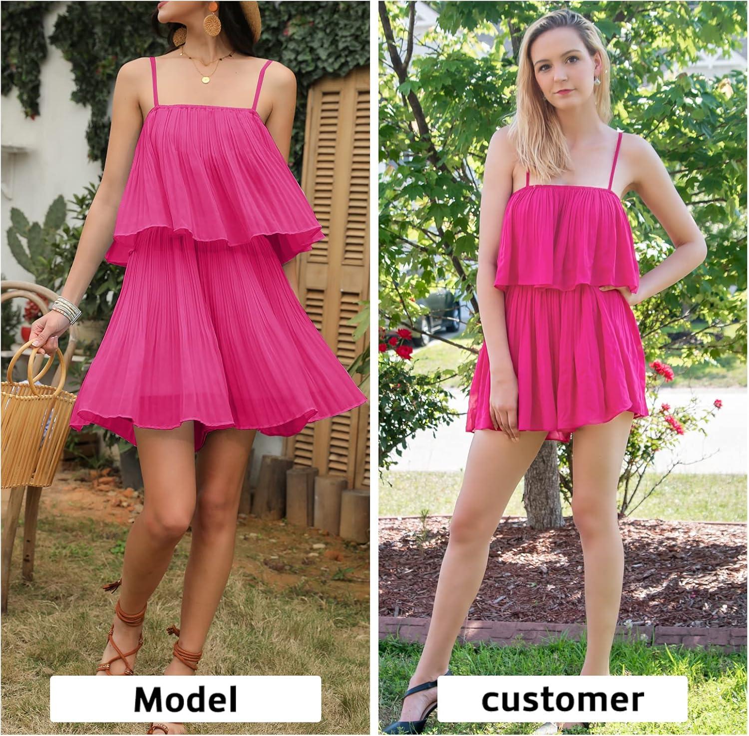 imageEXLURA Womens 2025 Summer Romper Dress Spaghetti Strap Pleated Beach Vacation Outfit Fashion Cruise Short Jumpsuit OutfitsHot Pink