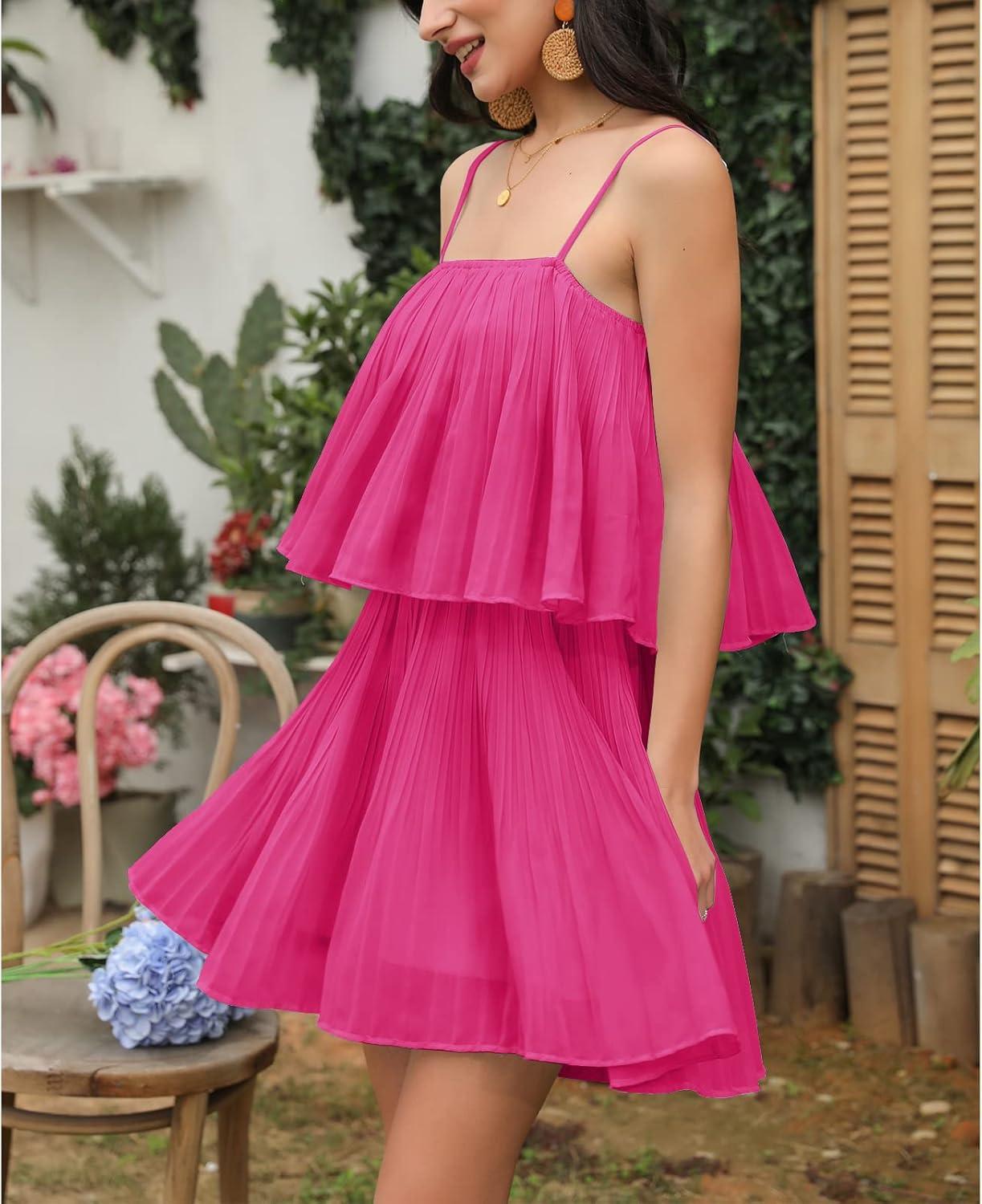 imageEXLURA Womens 2025 Summer Romper Dress Spaghetti Strap Pleated Beach Vacation Outfit Fashion Cruise Short Jumpsuit OutfitsHot Pink