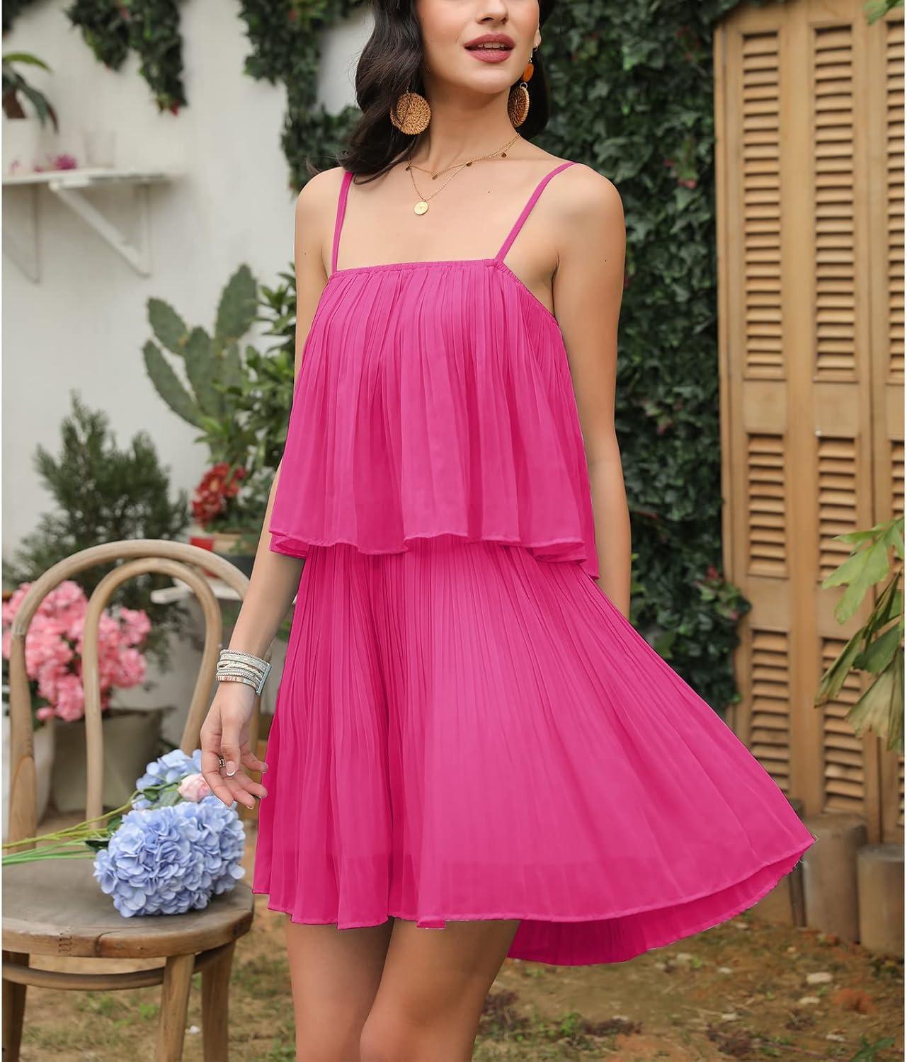 imageEXLURA Womens 2025 Summer Romper Dress Spaghetti Strap Pleated Beach Vacation Outfit Fashion Cruise Short Jumpsuit OutfitsHot Pink