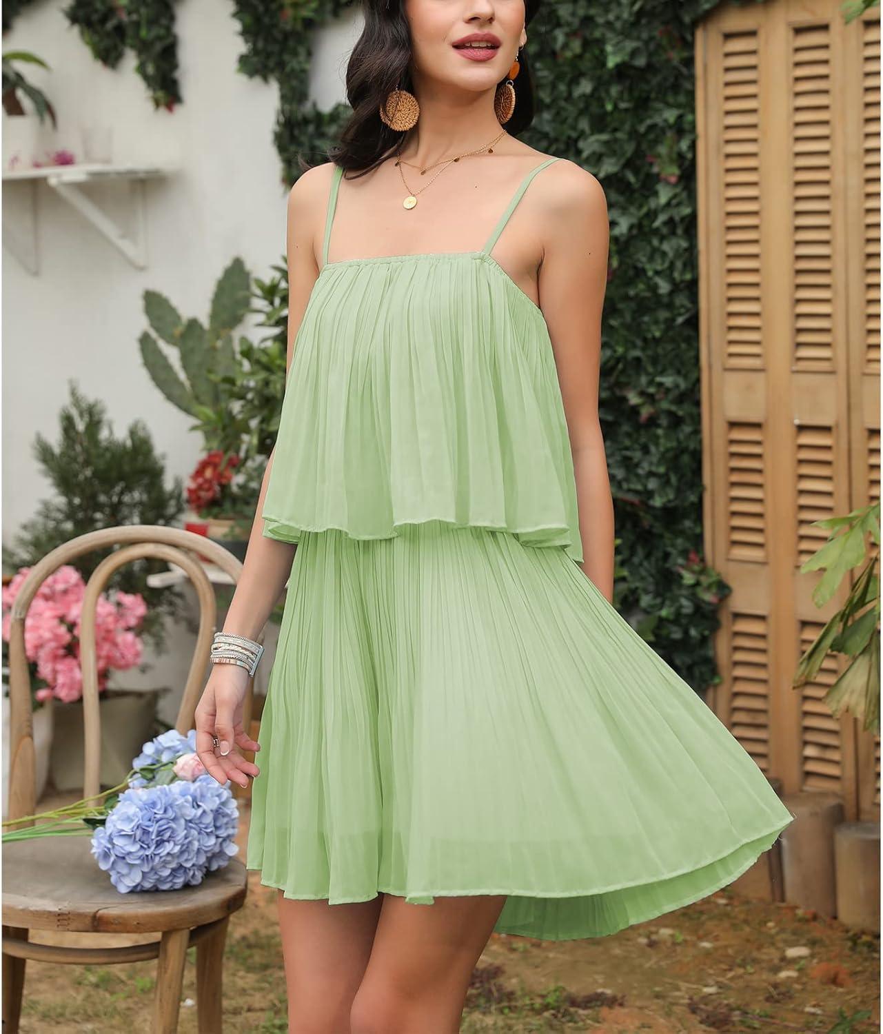imageEXLURA Womens 2025 Summer Romper Dress Spaghetti Strap Pleated Beach Vacation Outfit Fashion Cruise Short Jumpsuit OutfitsLight Green
