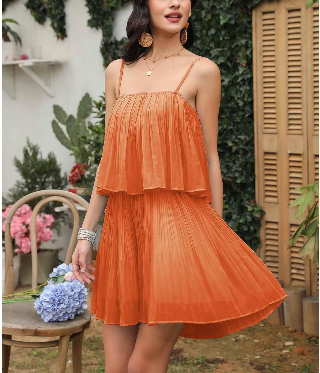 imageEXLURA Womens 2025 Summer Romper Dress Spaghetti Strap Pleated Beach Vacation Outfit Fashion Cruise Short Jumpsuit OutfitsOrange