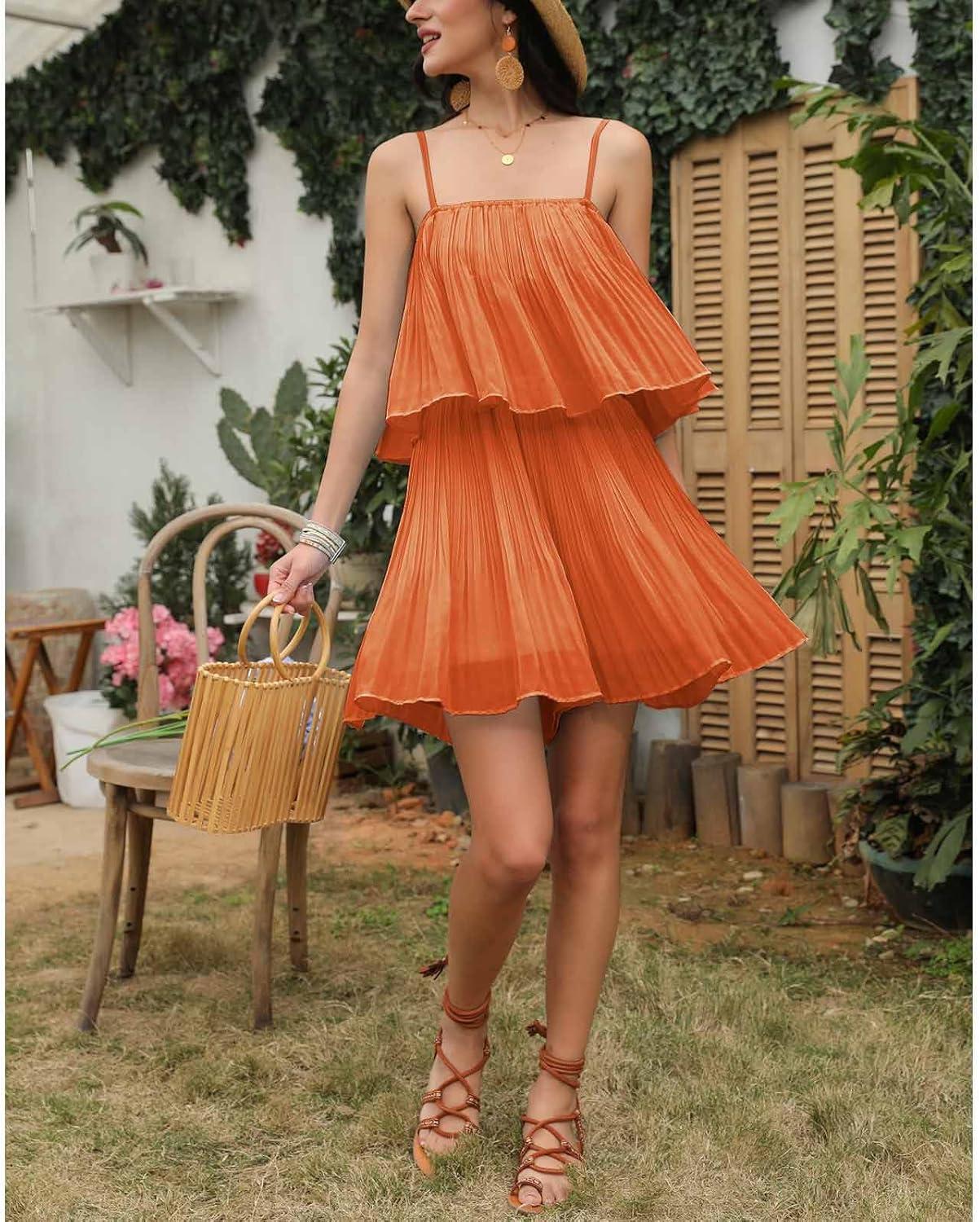 imageEXLURA Womens 2025 Summer Romper Dress Spaghetti Strap Pleated Beach Vacation Outfit Fashion Cruise Short Jumpsuit OutfitsOrange