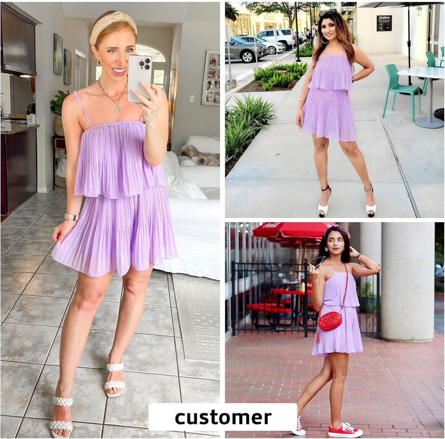 imageEXLURA Womens 2025 Summer Romper Dress Spaghetti Strap Pleated Beach Vacation Outfit Fashion Cruise Short Jumpsuit OutfitsPurple