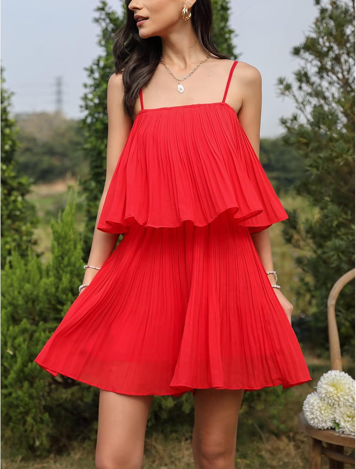 imageEXLURA Womens 2025 Summer Romper Dress Spaghetti Strap Pleated Beach Vacation Outfit Fashion Cruise Short Jumpsuit OutfitsRed