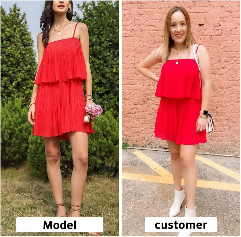 imageEXLURA Womens 2025 Summer Romper Dress Spaghetti Strap Pleated Beach Vacation Outfit Fashion Cruise Short Jumpsuit OutfitsRed