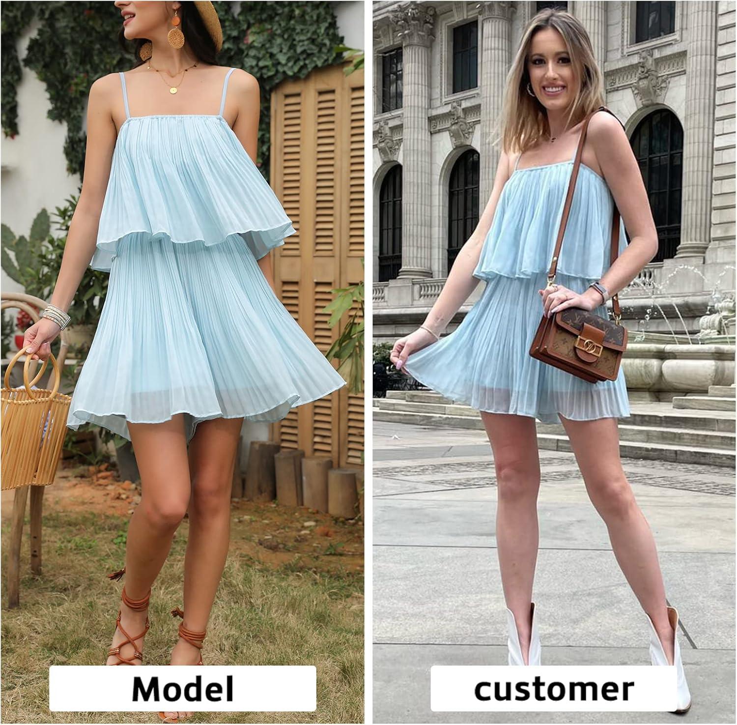 imageEXLURA Womens 2025 Summer Romper Dress Spaghetti Strap Pleated Beach Vacation Outfit Fashion Cruise Short Jumpsuit OutfitsSky Blue